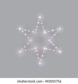 Vector illustration of hexagonal star on grey background. Element for design with blur shadow. Little white stars. Christmas decoration. Christmas lights isolated. Star of bethlehem.