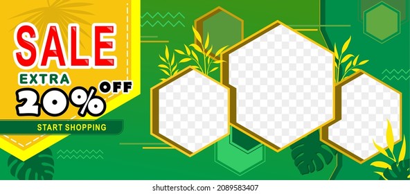 Vector illustration hexagons of sales promotion materia. Sales website banner. Sales labels. Design for social media banners, posters, newsletters, advertisements, Green and Yellow Color