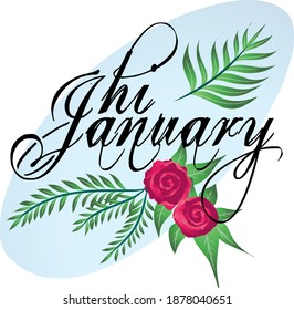Ilustración vectorial del texto "hi january" con hojas verdes añadidas y flor de rosa.  Las imágenes pueden utilizarse para carteles, carteles, imágenes o decoraciones