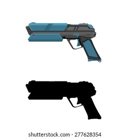 A vector illustration of a hi tech futuristic pistol with silhouette.
Laser Pistol icon illustration.
Science fiction laser pistol.