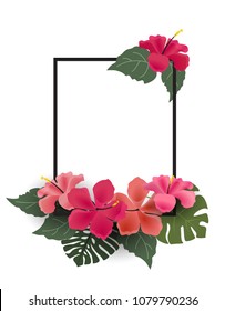 Vector illustration of hibiscus flower. Background with tropical flowers and palm leaves with text frame