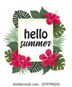 Vector illustration of hibiscus flower. Background with tropical flowers and palm leaves with text frame