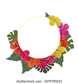 Vector illustration of hibiscus flower. Background with tropical flowers and palm leaves with text frame