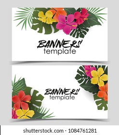 Vector illustration of hibiscus flower. Background with tropical flowers and palm leaves. Banner template