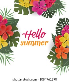 Vector illustration of hibiscus flower. Background with tropical flowers and palm leaves