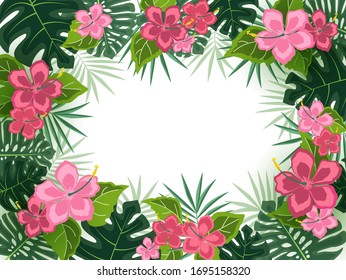 Ilustración vectorial de la flor de los hibiscos. Fondo con flores tropicales y hojas de palmera