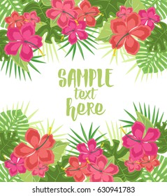 Vector illustration hibiscus flower. Background with tropical flowers and palm leaves