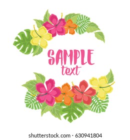 Vector illustration hibiscus flower. Background with tropical flowers and palm leaves