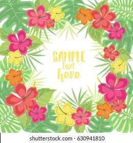 Vector illustration hibiscus flower. Background with tropical flowers and palm leaves