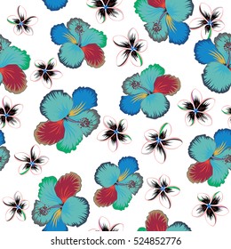 Vector illustration of a hibiscus flower, blossom with multicolored leaves isolated hand drawn on white background. Hibiscus flowers in gray, yellow and blue colors.