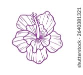 Vector illustration of a hibiscus flower in hand drawn style. Single line floral design in purple color. Perfect for summer themes and textile prints.
