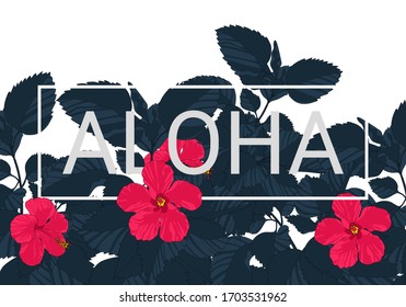 vector illustration of a Hibiscus flower with text “ALOHA” on white background	