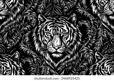 Vector illustration of a hidden tiger camouflaged among jungle leaves in a detailed black and white seamless pattern. Ideal for tattoo art, fashion, packaging, and wild animal-themed designs.