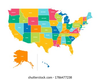 Vector illustration of a High Detail USA Map with different colors for each country. Each country has its capital city. Global colors used