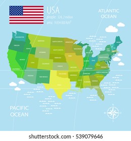 Vector illustration of a High Detail USA Map with different colors for each country. Each country has its capital city. Global colors used. eps 10