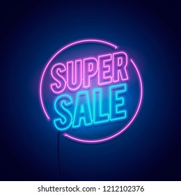 Vector illustration high detailed glowing retro sale neon word sign with electric light parts. Background for your advertise, discounts, offer and business