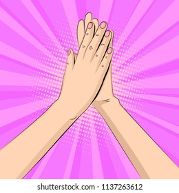 vector illustration of high five of two women's hands in pop-art style in purple