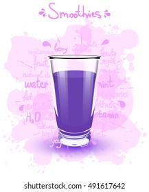 Vector illustration high glass cup with a purple smoothies. Healthy nutrition - smoothies. 
Color image of purple smoothies on a white background with the text, shadow and color 
blots