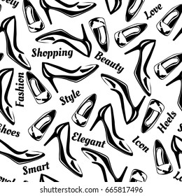 Vector illustration of high heels pumps shoes seamless pattern. Black and white, monochrome, good for silk screen printing. On white background.