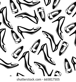 Vector illustration of high heels pumps shoes seamless pattern. Black and white, monochrome, good for silk screen printing. On white background.