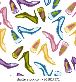 Vector illustration of high heels pumps shoes seamless pattern. Colorful, different color shoes chaotic print on white background.