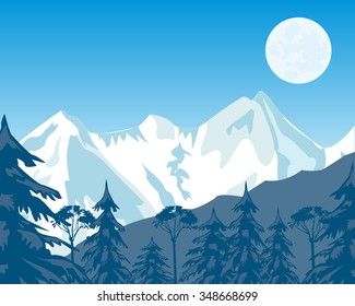 Vector illustration of the high mountains covered by snow