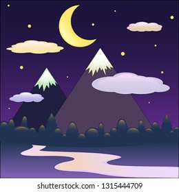 The vector illustration of the high mountains under the  sky with the moon and stars near the river and forest
