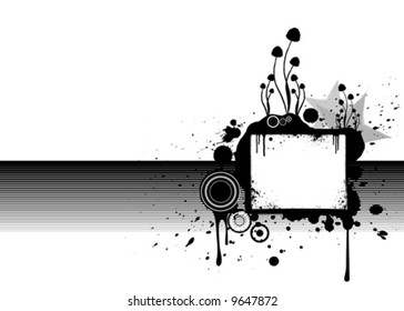 Vector illustration with high path count of a grunge dirty background with a central copy space blank area (notice board). Isolated black on white.