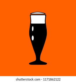 Vector illustration of high pilsner beer glass in black color with white froth on orange background