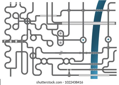 Vector illustration of high road junction with river. Road construction set