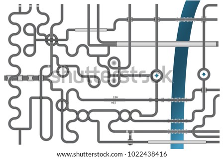Vector illustration of high road junction with river. Road construction set