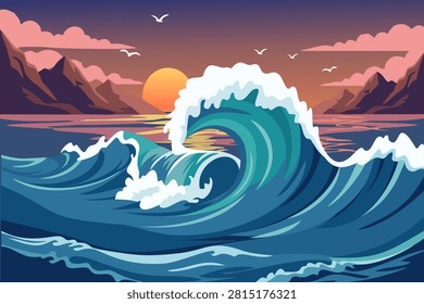 Vector illustration of high, rolling waves.