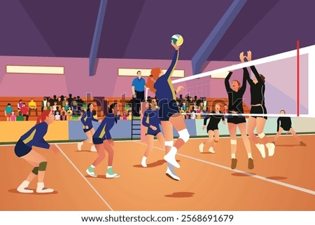 A vector illustration of High School College Girls Indoor Volleyball Match