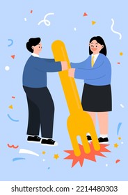 Vector illustration of high school students holding forks.