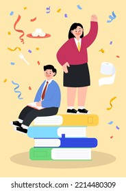 Vector illustration of high school students standing on top of books.