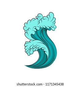 Vector illustration of high sea tide. Bright blue ocean wave with black contour. Marine theme