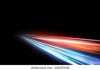 Vector illustration of high speed light effect on black background. movie effect, motion, night lights.