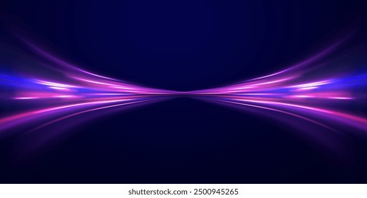 Vector illustration of high speed light effect on blue background. Abstract white and blue wave light effect. Flash luminosity line. Technology futuristic dynamic motion.