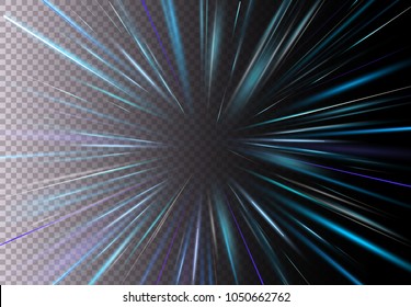 Vector Illustration Of High Speed, Motion Light Effect, Light With Lens Flare. Starburst Fast Move On Transparent Background. Magic Blue Rays.