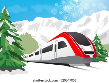 vector illustration of high speed train driving on background of snowy mountains 