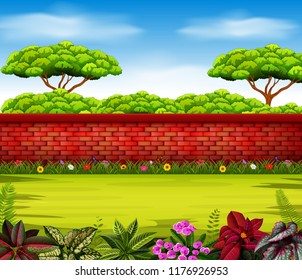 vector illustration of the high wall with tall trees and some flowers