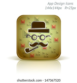 Vector illustration of high-detailed apps icon template. Gentleman with moustaches. Can be used for applications, card designs, invitations, flyers, adverts, leaflets, graphic user interfaces, etc.