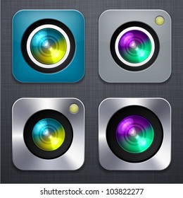 Vector illustration of high-detailed camera apps icon set over linen texture.