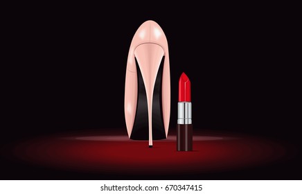 vector illustration with high-heeled shoe and red lipstick 