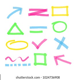 Vector illustration of highlighter marker design elements. Colorful and bright set of highlighter marks, stripes, strokes, shaded speech bubbles and arrows on white background.