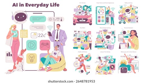 Vector illustration highlighting AI's role in daily life. Features interactions with smart devices, personalized learning, home automation, and health tracking, emphasizing technology's impact.