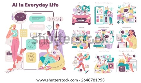 Vector illustration highlighting AI's role in daily life. Features interactions with smart devices, personalized learning, home automation, and health tracking, emphasizing technology's impact.