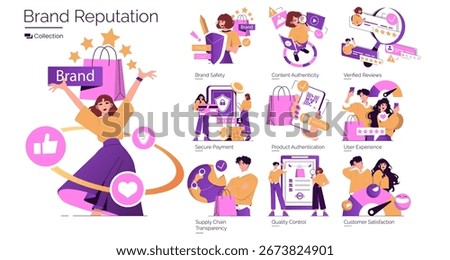 Vector illustration highlighting brand reputation with consumers displaying positive engagement. Includes elements of brand safety, content authenticity, product authentication, and customer