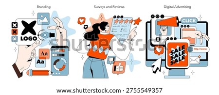 Vector illustration highlighting branding, surveys, and digital advertising concepts. Features logo design, a woman giving feedback on a survey, and hands interacting with ads online.