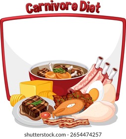 Vector illustration highlighting a carnivore diet with meats, cheese, and eggs. Bold colors and detailed composition